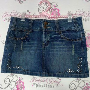 Rock&roll cowgirl skirt crosses on back bling rhinestone studded jean denim mini